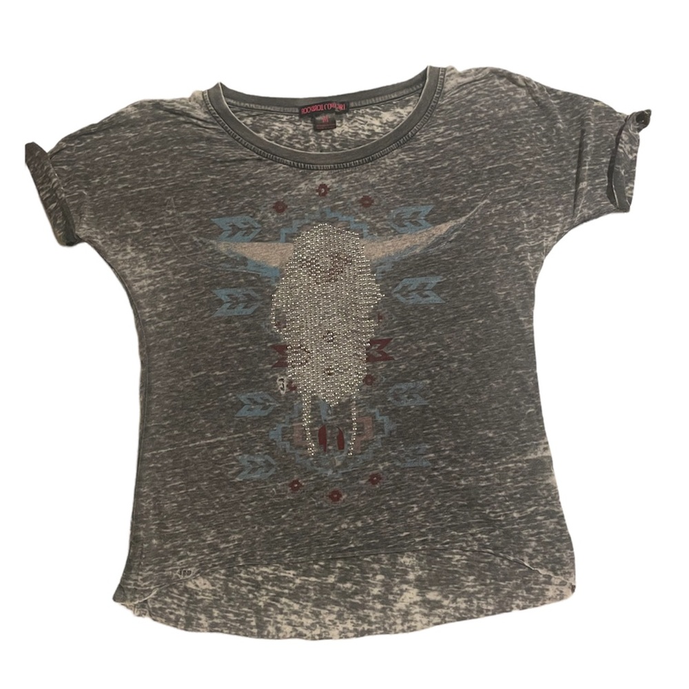 Rock & Roll Cowgirl Cow Skull Burn Out Rhinestone Shirt